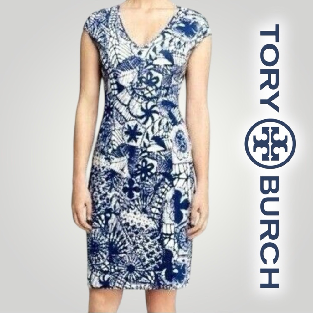 Tory Burch Dream Catcher V-Neck Sheath Dress - Blue Baltic Sea